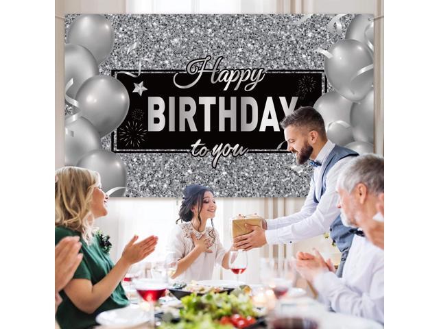 Black Silver Happy Birthday Banner Backdrop Party Decoration for Men Women Birthday Party Decorations Supplies Photo Props Background, 72.8 x 43.3...