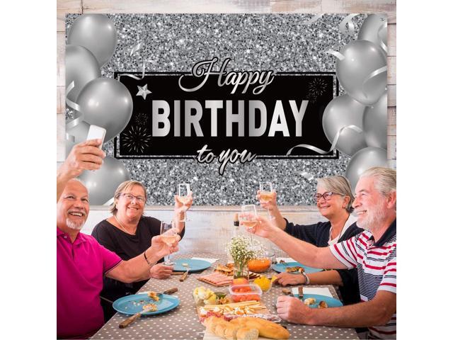 Black Silver Happy Birthday Banner Backdrop Party Decoration for Men Women Birthday Party Decorations Supplies Photo Props Background, 72.8 x 43.3...