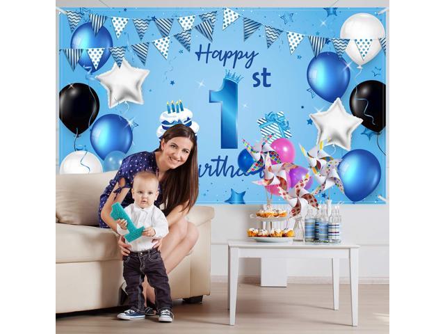 1st Birthday Backdrop Banner Blue Newborn Boys First Birthday Backdrop Photography Background for 1st Birthday Baby Shower Party Decorations...