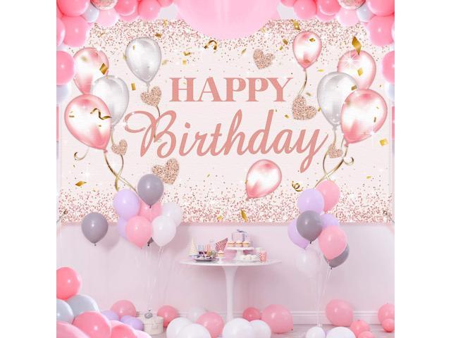 Pink and Rose Gold Happy Birthday Party Decorations Supplies Birthday Party Backdrop for Women Glitter Banner Baby Shower Sweet 16 Photography...
