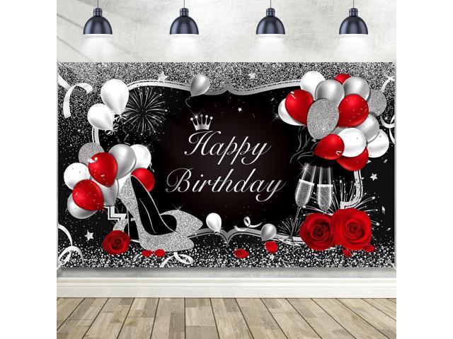 Happy Birthday Banner Red Birthday Backdrop Red Decoration for Women Men Black Banner for Party Supply Glitter Rose Flower Balloon High Heels...