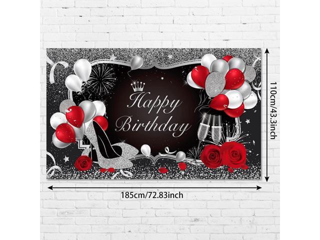 Happy Birthday Banner Red Birthday Backdrop Red Decoration for Women Men Black Banner for Party Supply Glitter Rose Flower Balloon High Heels...