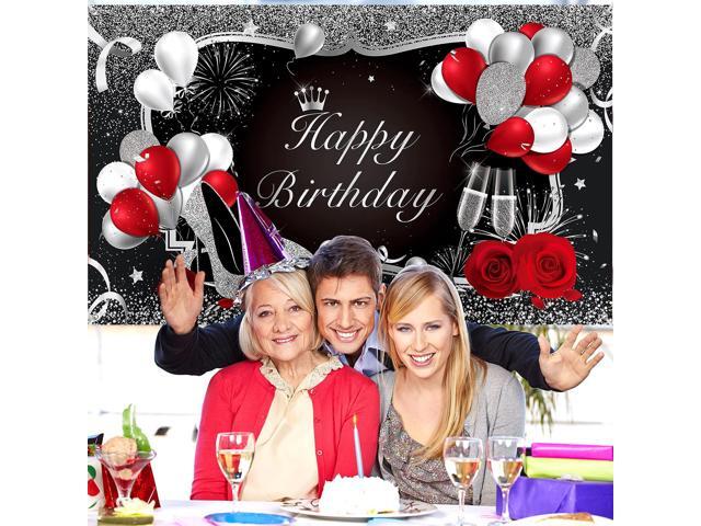 Happy Birthday Banner Red Birthday Backdrop Red Decoration for Women Men Black Banner for Party Supply Glitter Rose Flower Balloon High Heels...