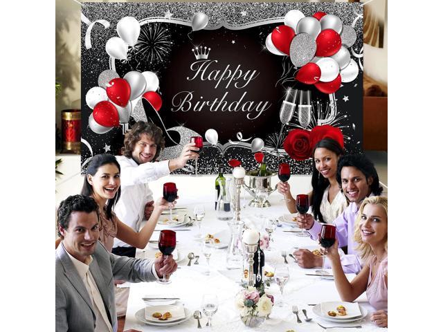 Happy Birthday Banner Red Birthday Backdrop Red Decoration for Women Men Black Banner for Party Supply Glitter Rose Flower Balloon High Heels...