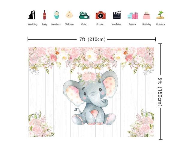 Elephant Theme Photography Backdrop Pink Floral Baby Shower Party Decorations Banner 7x5FT