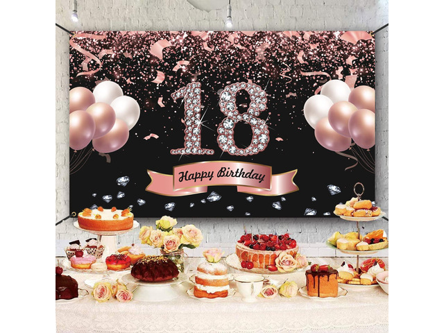 Rose Gold Birthday Decorations - 18th Birthday Banner, Backdrop for Parties & Photos