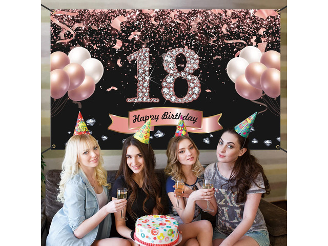 Rose Gold Birthday Decorations - 18th Birthday Banner, Backdrop for Parties & Photos