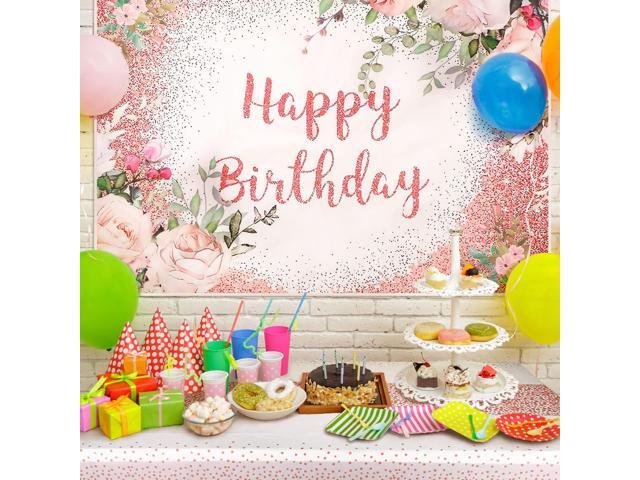 2 Pcs Pink Happy Birthday Backdrop Banner and Tablecloth for Women Rose Gold Birthday Party Decorations Plastic Floral Table Cover Backdrop...