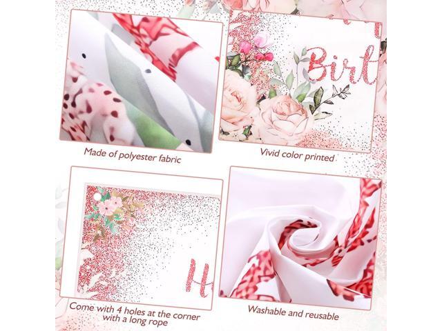 2 Pcs Pink Happy Birthday Backdrop Banner and Tablecloth for Women Rose Gold Birthday Party Decorations Plastic Floral Table Cover Backdrop...