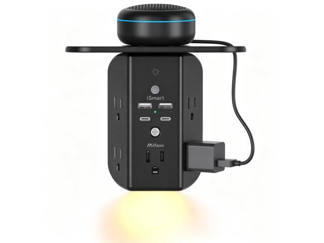 Wall Outlet Extender with Shelf and Night Light, Surge Protector, USB Wall Charger with 5 AC Outlets and 2 USB A Ports 2 USB C Ports Wide Space.