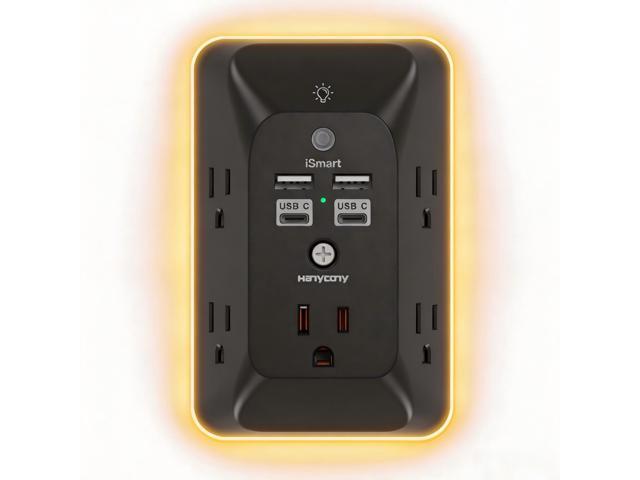 Outlet Extender with Night Light, Multi Plug Outlet Splitter, USB Wall Charger Surge Protector with 4 USB Ports (2 USB C), 5 Widely Spaced AC.
