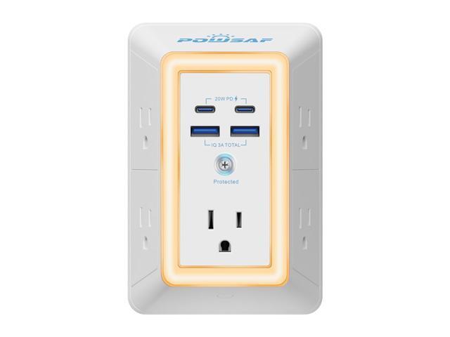 Multi Plug Outlet Surge Protector - 5 Outlet Extender with 4 USB Ports(2 USB-C PD 20W) and Night Light, 3-Sided Power Strip with Adapter Spaced...