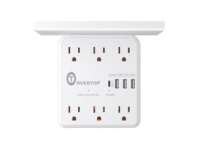 Power Charger with Shelf, Wall Outlet Extender Surge Protector with 6 AC Outlets, 4 USB Ports(1 USB C) Plug Expander Charger Shelf with Storage for.