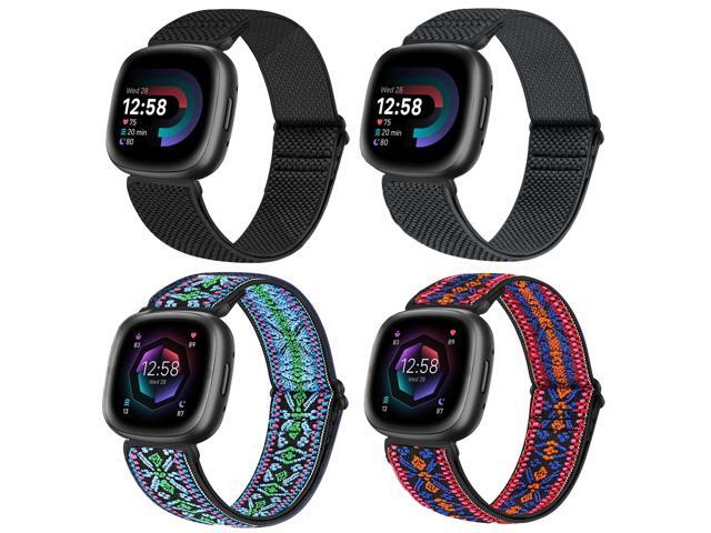4 Pack Elastic Watch Bands Compatible for Fitbit Versa 4/Versa 3 / Sense 2/Sense, Adjustable Nylon Stretchy Replacement Sport Loop Straps for Women.