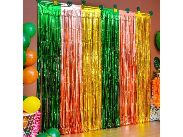Luau Party Decorations, 4 Pack Hawaiian Foil Fringe Curtains Tropical Aloha Photo Booth Props, 6.6x6.6 ft Green Brown and Yellow Tinsel Streamer.