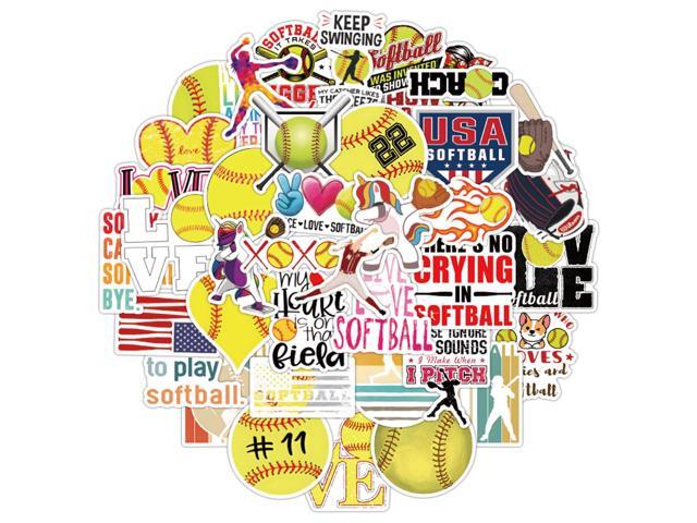 50 Pieces Softball Stickers, Soft Ball Vinyl Stickers for Water Bottle, Helmet, Laptop, Phone, Softball Gifts, Party Favors, Sport Sticker Soft...