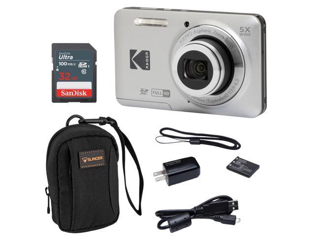 PIXPRO FZ55-BK 16MP Digital Camera 5X Optical Zoom 28mm Wide Angle 1080P Full HD Video 2.7' LCD Vlogging Camera. Bundle with SD Card and Slinger.
