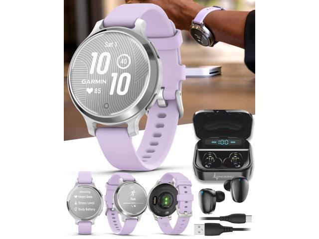 Garmin Lily 2 Active, Silver with Purple Jasmine Silicone Band, Smartwatch, Built-in GPS, Hidden Display, Patterned Lens, Up to 9 Days Battery Life.