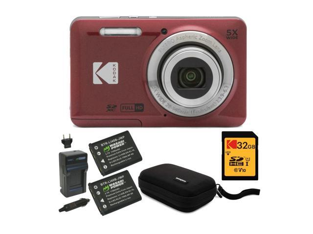 PIXPRO Friendly Zoom FZ55 Digital Camera (Red) Bundle with 32GB SD Card, Camera Case, and Battery Travel Charger (4 Items)