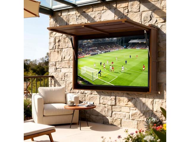 Outdoor TV Enclosure, Fit for 32-55 Inch TV, Solid Wood Wall-Mounted TV Cabinet with Dual-Arm Steel Bracket, Includes 600D TV Cover (Walnut Color)