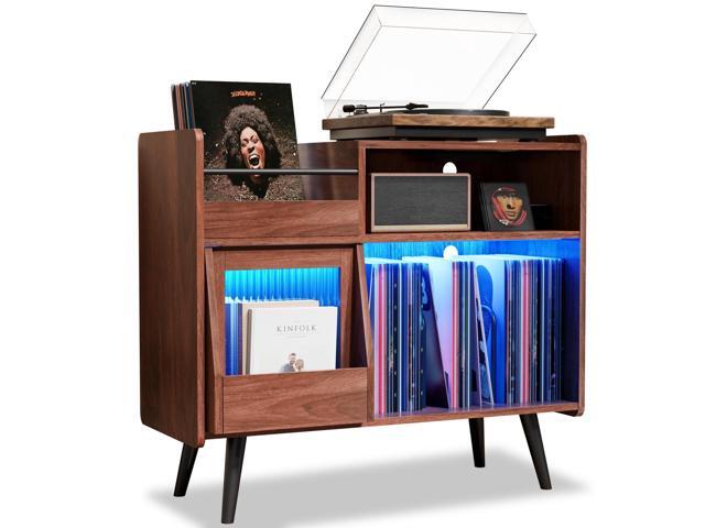 Large Record Player Stand with Sliding Door,350 Vinyl Record Storage Cabinet, Record Player Table with Power Outlet and LED Light,Turntable Stand...