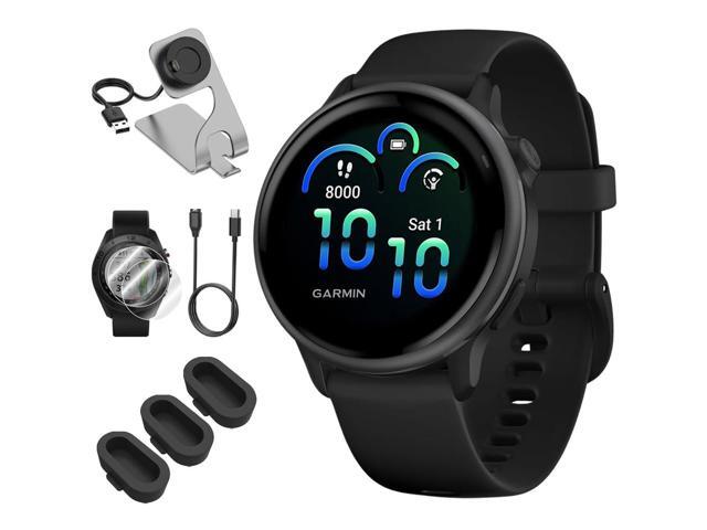 010-02985-00 VIVOACTIVE 6 Health & Fitness GPS Smartwatch, Black with Silicone Band Bundle with Deco Essentials Charging Dock, USB Type C Charger,...