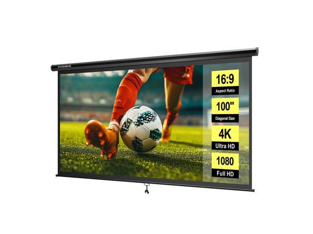 100 Inch 16:9 Pull Down Projector Screen, HD 4K Retractable Movie Screen for Indoor Home Theater and Office, Manual Projection Screen with Auto.