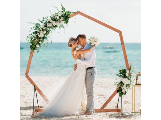 Wooden Wedding Arch for Ceremony, 7 FT Heptagon Solid Wood Arbor for Wedding Backdrop Stand, Rustic Boho Wedding Decoration for Indoor Outdoor.