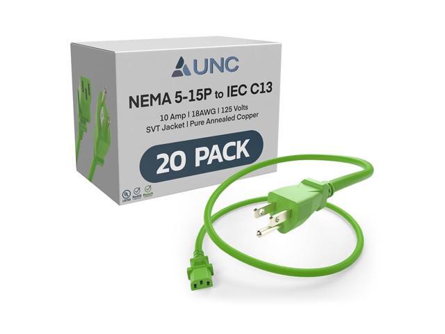 20 Pack 1ft (0.3m) Power Cord NEMA 5-15P to IEC C13 10Amp 18AWG 125V SVT Jacket 515P-C13 PDU PC Cable Monitor UL Listed, Green, 1 Foot