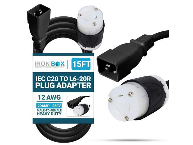 IronBox Electric - Heavy Duty IEC C20 to L6-20R Plug Adapter Power Cord - 12 AWG Jacket - Rated for 20 Amps and 250V - UL Listed Extension Cable -.