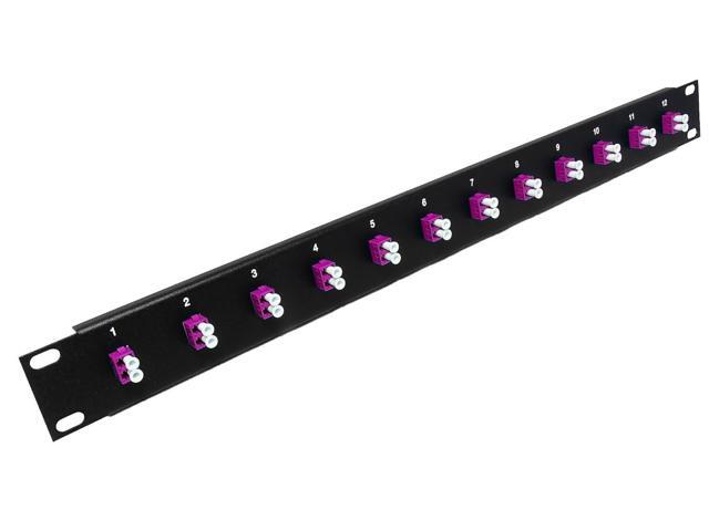 1U 12 Port High Density Patch Panel, Loaded with LC Duplex Multimode OM4 Magenta Colored Adapters