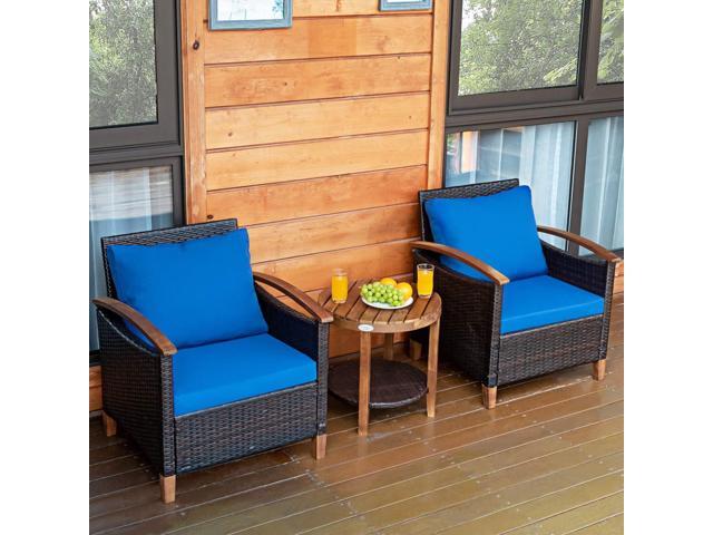 3 Pieces Patio Furniture Set, Outdoor Rattan Sofa and Side Table w/Solid Acacia Wood Frame, High Load Bearing Conversation Bistro Set w/Washable.