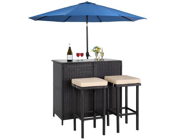 3-Piece Wicker Outdoor Furniture Bar Set, 2 Stools and 1 Glass Top Table, Large-Capacity Storage Space Brown Wicker Patio Bar Table with 9Ft Blue...
