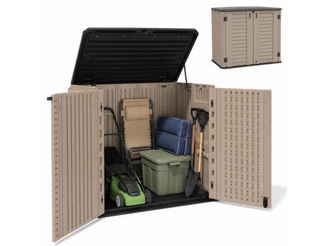 26 Cu.Ft Outdoor Storage Shed with Floor,Large Waterproof Resin Storage Cabinet with Lift-Up Lid,Double Doors and Lockable Design for Lawn.
