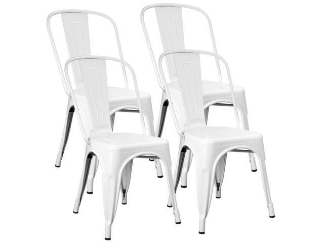 Metal Dining Chair Stackable Indoor Outdoor Industrial Vintage Chairs Bistro Kitchen Cafe Side Chairs with Back Set of 4 (White)