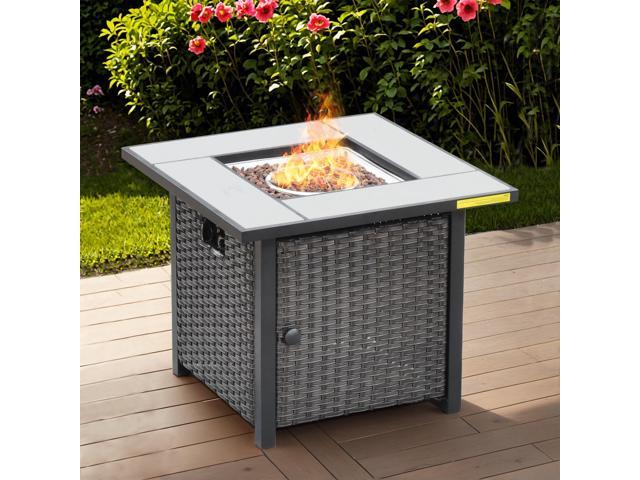 30 Inch Outdoor Patio Fire Pit Table, 50,000 BTU Heater PE Rattan Propane Firepits with Ceramic Tabletop, Waterproof Cover, Steel Lid and Lava...