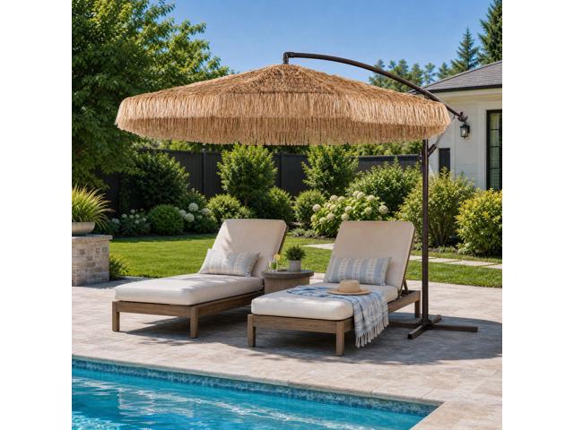 10FT Cantilever Tiki Thatch Patio Umbrella, Hand-Push Tilt Offset Umbrella for Outdoor, Poolside, Backyard, Beach - Natural Straw Look (No Base)