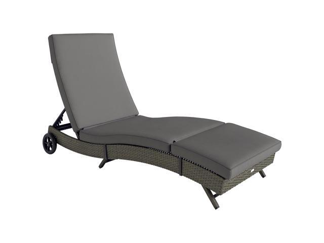Wicker Chaise Lounge Chair Outdoor with Wheels & Cushion, PE Rattan Patio Lounge Chair with 5-Level Adjustable Backrest for Poolside, Garden, Gray