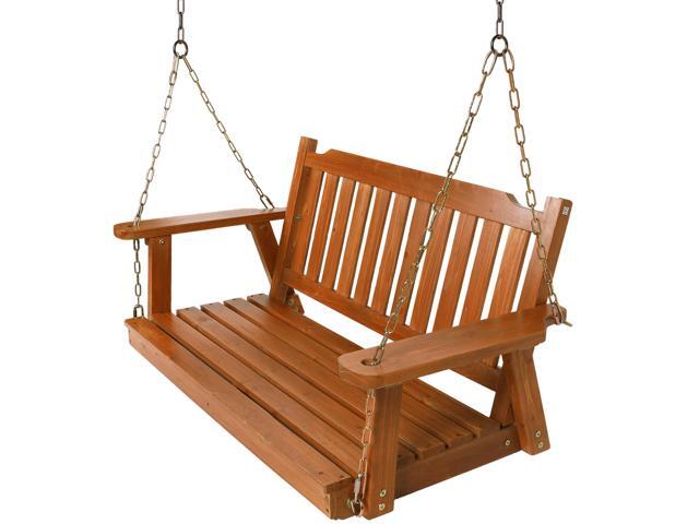 Wooden Porch Swing 2-Seater Bench Swing with Hanging Chains Heavy Duty 800 LBS for Outdoor Patio Garden Yard, Large 4 Ft, Brown