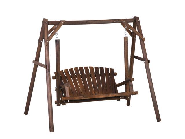 2-Seat Porch Swing with Stand, Wooden Patio Swing Chair Bench, for Garden, Poolside, Backyard, Brown