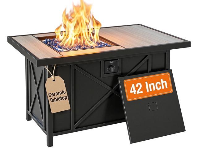 42 inch 50,000 BTU Rectangular Propane Gas Fire Pit Table with Fire Glass and Table Lid, Fire Pits Outdoor for Garden, Patio, Backyard