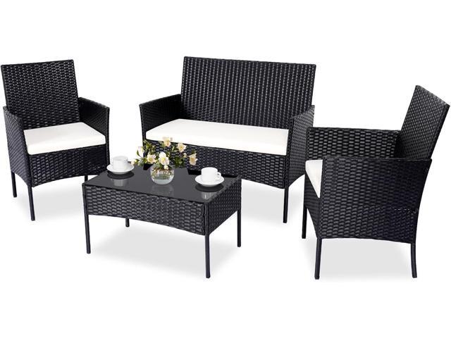 Patio Furniture Set 4 Pieces, Outdoor Rattan Furniture with Tempered Glass Coffee Table, Modern Rattan Patio Chairs Conversation Sets with Sofa for.