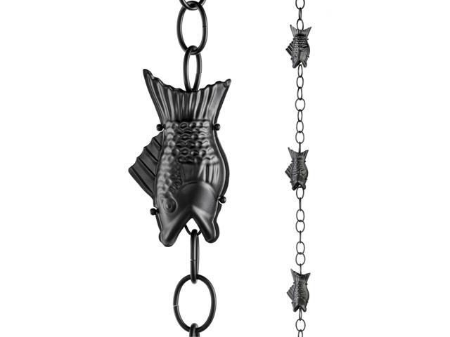 Fish Black Aluminum 8.5 ft. Rain Chain with Gutter Installation Clip by