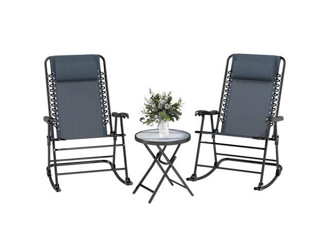 3 Piece Outdoor Rocking Bistro Set, Patio Folding Chair Table Set with Glass Coffee Table for Yard, Patio, Deck, Backyard, Grey