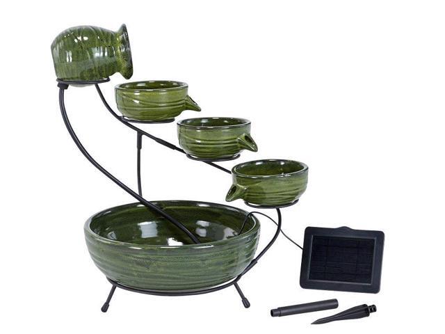 Glossy Ceramic 4-Tiered Cascade Solar-Powered Fountain with 10' Cable, Elegant Cascading Outdoor Solar Garden Fountain, Green