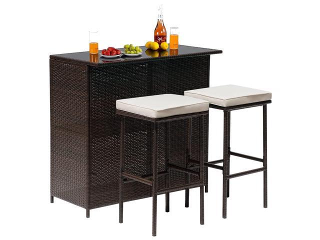 Wicker Patio Furniture 3 Piece Patio Bar Table Set Chairs Wicker Outdoor Rattan Bistro Set Glass Top Table and Two Stools for Yard or Backyard