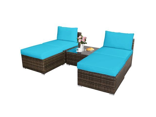 5 Piece Wicker Lounge Chair Set, with Tempered Glass Coffee Table, Outdoor Conversation Sets w/Washable Zippered Cushions, Includes 2 Armless.
