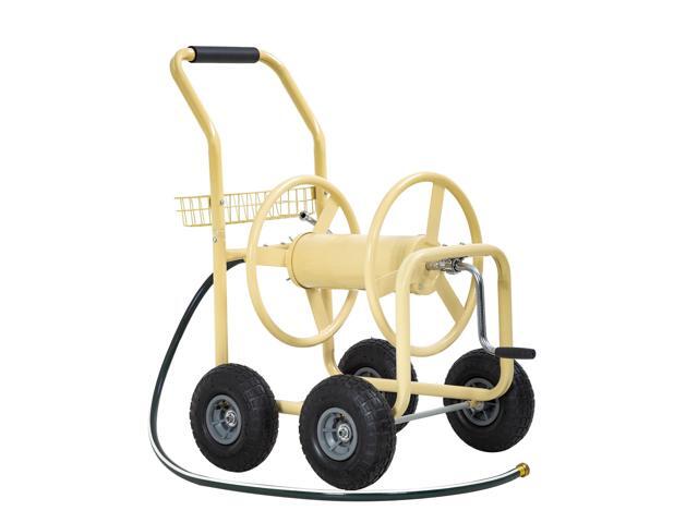 Hose Reel Hold Up To 300 Ft Heavy Duty Garden Hose Reel Sturdy Water Hose Reel Cart with 4 Wheels Storage Basket for Garden Lawn Yard Outdoor (Tan)