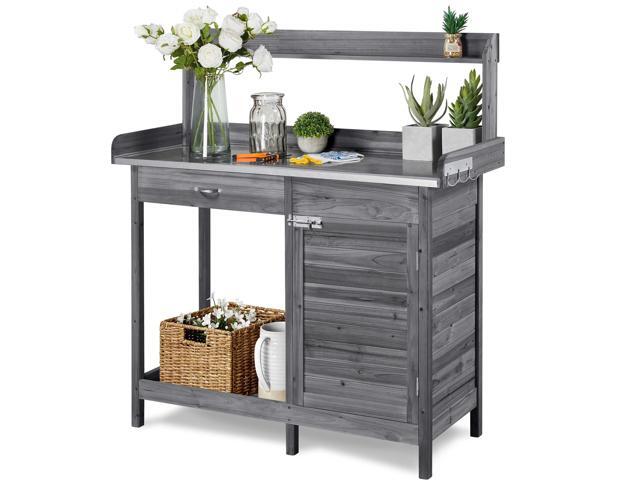 Garden Potting Bench Wooden Workstation Outdoor Wooden Potting Table W/Top Shelf & Lower Shelf & Cabinet Drawer & Open Shelf Gray