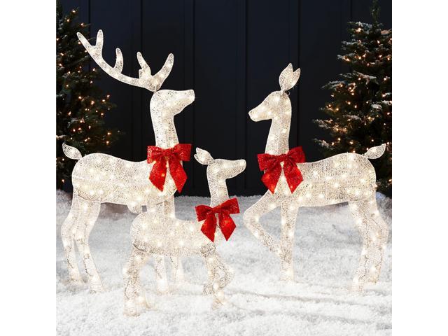 4ft 3-Piece 2D Lighted Christmas Deer Family Set, Large Outdoor Yard Reindeer Holiday Decoration with 175 LED Lights, Stakes, Zip Ties - White
